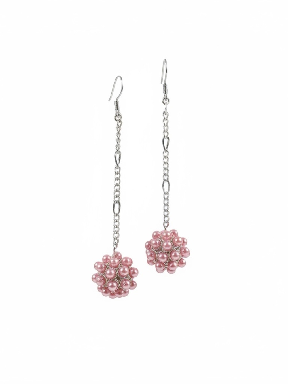 Hand Crafted Pink Cluster Pearl Drop Earrings with Silver Chains